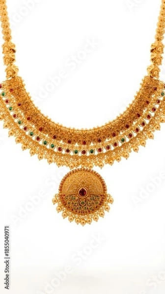 Obraz Intricate gold necklace with ruby and emerald accents