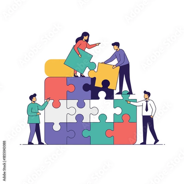 Obraz Three colleagues collaboratively complete a large jigsaw puzzle structure, inserting the final piece in a minimalist 2D vector illustration emphasizing teamwork and problem solving.