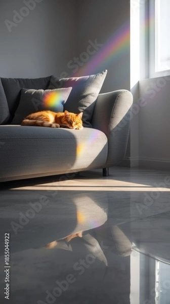 Obraz Cat relaxing on sofa with rainbow light