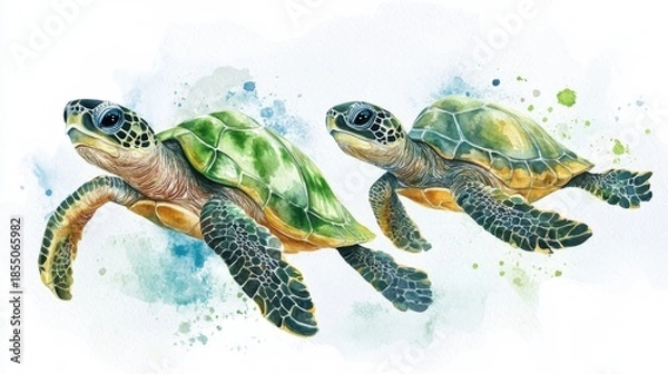 Fototapeta adorable watercolor turtle family swimming together, white background