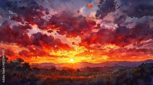 Fototapeta dramatic sunset with fiery red-orange sky and scattered clouds, traditional watercolor