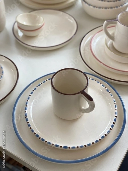 Obraz Ceramic tableware set with plates and mug featuring simple pattern, suitable as background