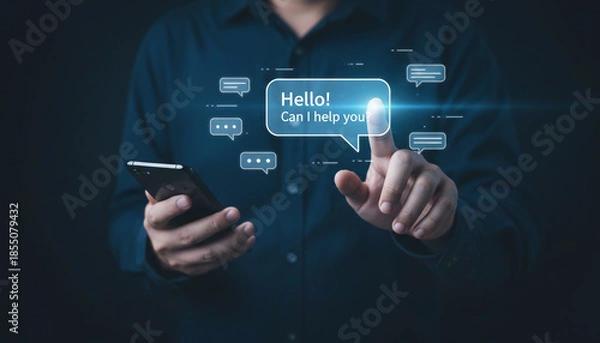 Obraz A user engages with a glowing virtual assistant chat bubble.