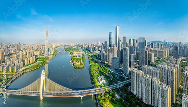 Obraz Aerial view of the modern city commercial buildings with skyline and river in Guangzhou, China.