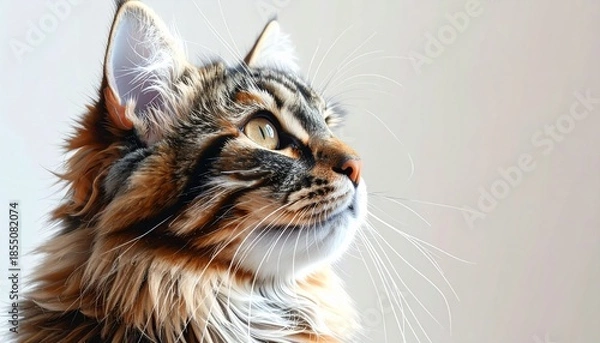 Obraz Stunning Portrait of a Fluffy Maine Coon Cat Looking Up with Long Whiskers