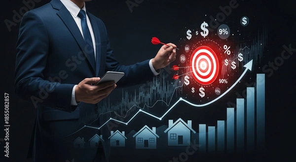 Fototapeta A professional businessman aims a dart at a financial target representing real estate growth.