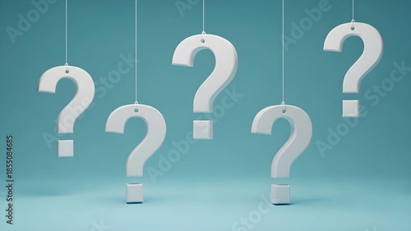 Obraz Hanging white question marks on strings against blue background