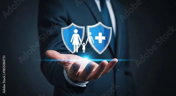 Fototapeta A businessman's hand presents two glowing shield icons symbolizing family and health protection.