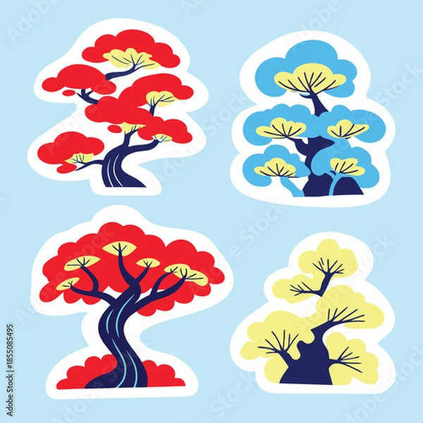 Obraz Hand Drawn Japanese Bonsai Tree Sticker Vector Illustration Set