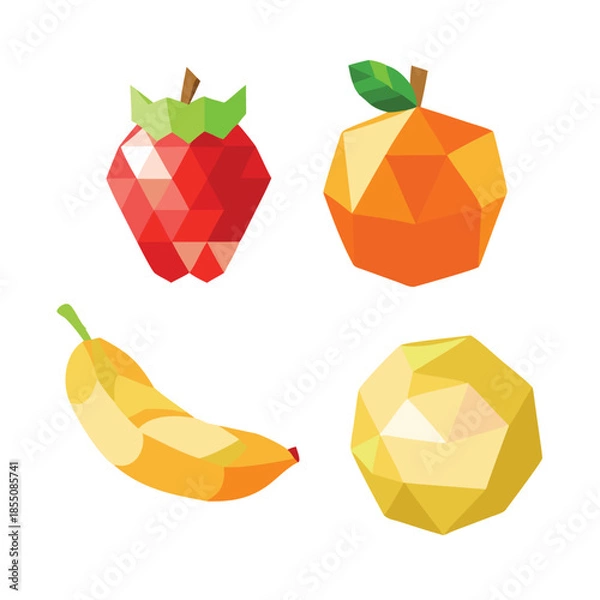 Obraz Low Poly Fresh Fruit Vector Illustration Set with Strawberry