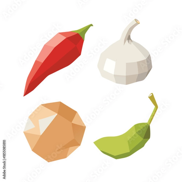 Obraz Low Poly Vegetable and Fruit Vector Set with Garlic and Chili
