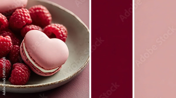 Obraz Plate of pink raspberries and a heart-shaped pastry. The plate is surrounded by a pink background, which creates a romantic and sweet mood