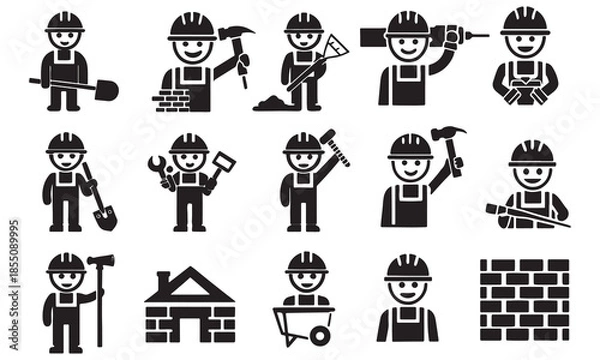 Obraz Construction Worker Icons – Building, Tools, Engineering & Labor Design Set .