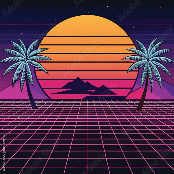 Fototapeta  a-wireframe-sun-setting-behind-a-grid-landscape-