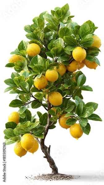 Obraz Lemon tree with fruits isolated on white background fresh green leaves bright studio lighting clean commercial stock photo, Realistic Photo