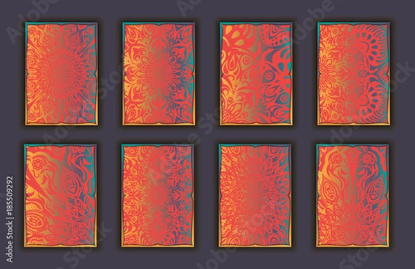 Fototapeta Card set with mosaic lace decorative elements background. Asian Indian oriental ornate banners.