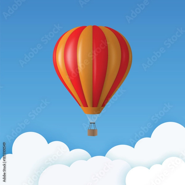 Obraz Vector Travel Banner with 3d Realistic Red and Orange Hot Air Balloon Icon on a Blue Sky Background. Design Template, Summer Vacation, Travelling, Tourism and Journey Concept