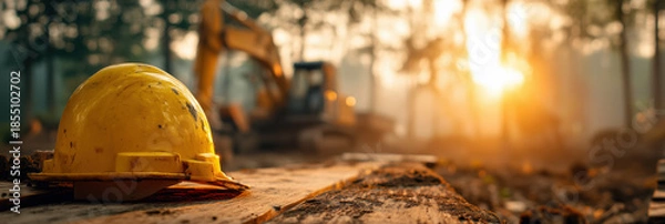 Obraz Yellow construction hard hat on wooden plank excavator on building site at sunrise safety at work concept