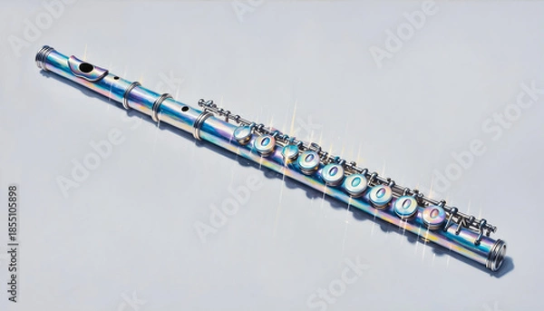 Obraz Shiny silver flute with keys lying on light background.