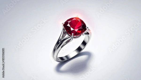 Obraz Elegant ruby ring with silver band on white background.
