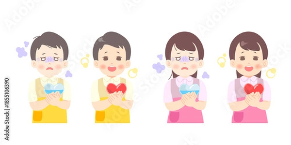 Obraz 心の疲れ、ストレスに苦しむ保育士（男性・女性）の変化・ビフォーアフターのイラスト