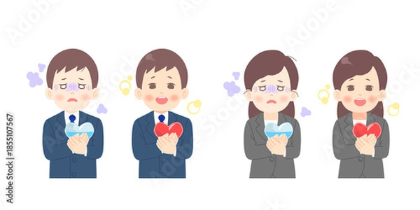 Obraz メンタルヘルスの悪化から回復したビジネスマン（男女）の比較イメージのイラスト