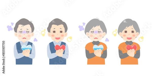 Obraz 問題やストレスを抱えて苦しそうな高齢者（男性・女性）の変化イメージのイラストセット