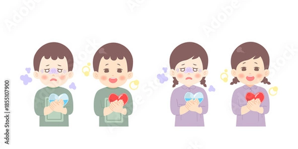 Obraz ストレスで心がすり減ってしまった男の子・女の子のビフォーアフターイラスト