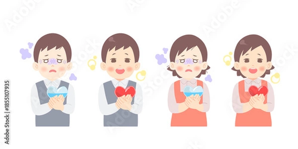 Obraz メンタルの不調、ストレス、過労でだるそうな男性・女性が回復するイメージイラスト