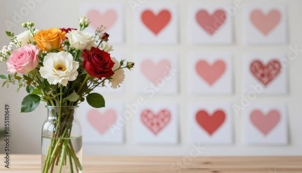 Fototapeta Valentine's day online shopping for floral gifts cozy home setting beautiful bouquet romantic environment heartwarming concept