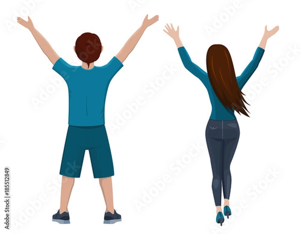 Obraz Boy and girl from the back. Rear view of young couple. Backside view of person. Isolated vector illustration of cartoon characters with raised hands on white background.