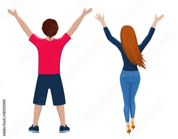 Obraz Boy and girl from the back. Rear view of young couple. Backside view of person. Isolated vector illustration of cartoon characters with raised hands on white background.