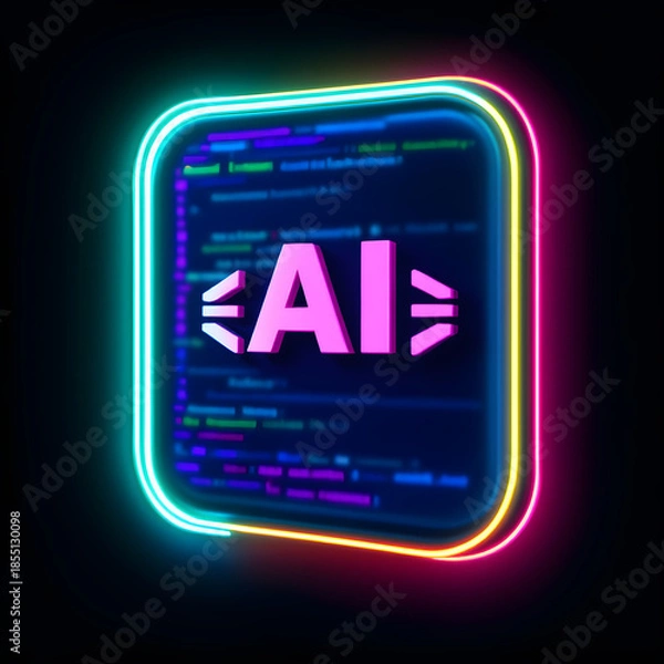 Obraz Neon glowing AI coding icon with futuristic 3D design and digital code background
