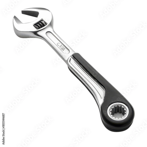 Obraz A silver and black adjustable wrench on a black background