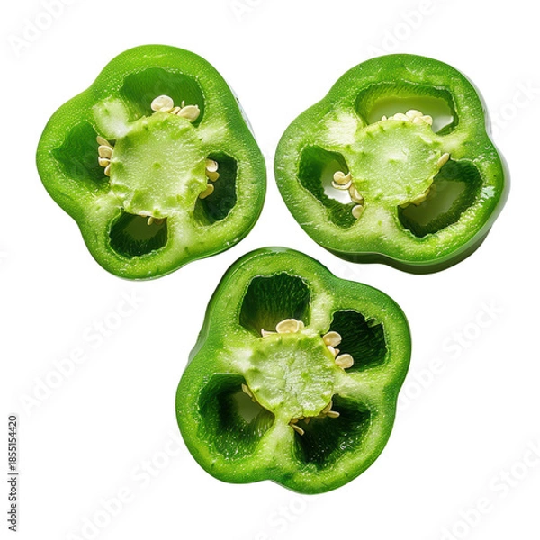 Fototapeta Three green bell pepper slices on black background