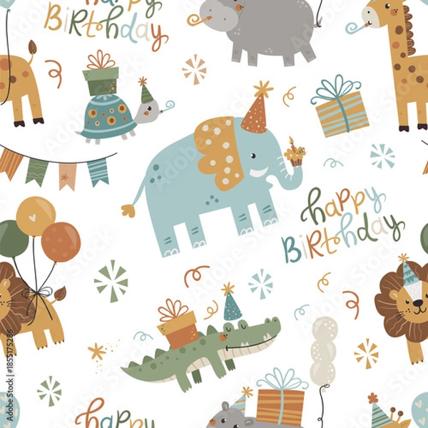 Obraz Vector seamless birthday pattern with safari animals. Seamless for wrapping paper, greeting cards and other. Can be used for wallpaper, textile, packaging.