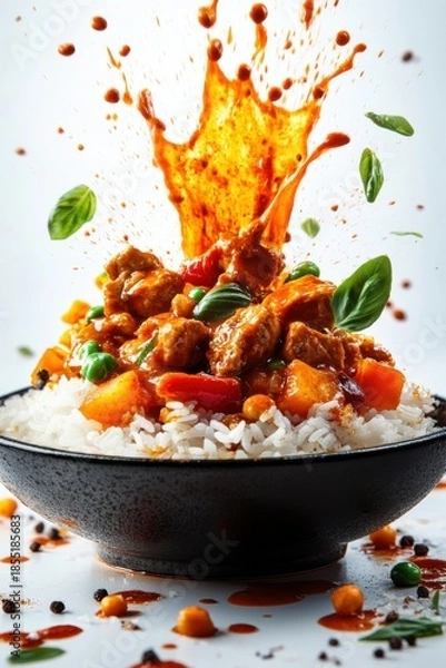 Obraz exploding curry rice with meat, vegetables, curry sauce splash, isolated on white background