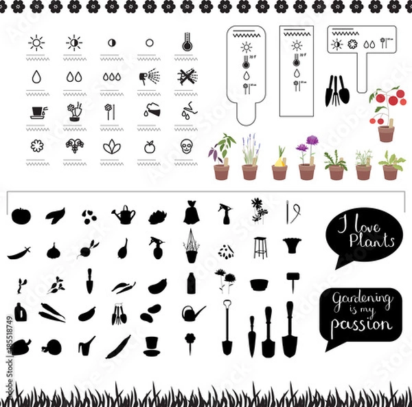 Fototapeta Icons with typical plants,tools, flowers and vegetables. Gardening objects and symbols isolated on white