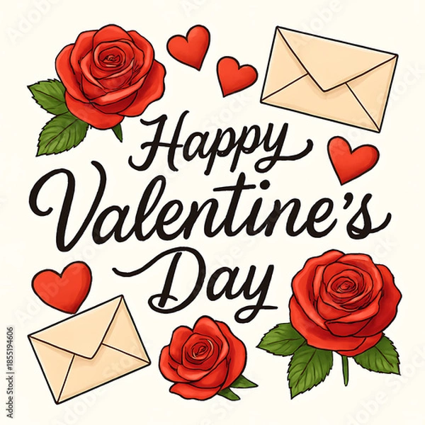 Obraz Happy valentine's day card with roses and hearts