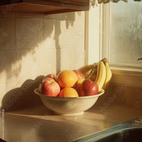 Obraz Fresh fruit bowl on kitchen counter with apples, bananas, and oranges, illuminated by sunlight. AI-generated image
