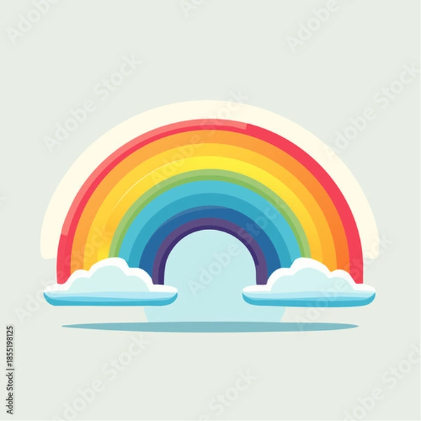 Obraz Cartoon rainbow with clouds on a light background, vector illustration.
