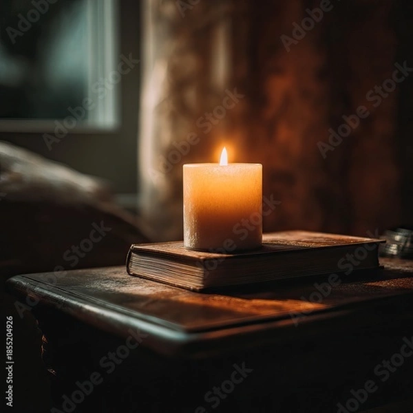 Obraz Single candle softly burning on a nightstand with a book in a cozy bedroom. AI-generated image
