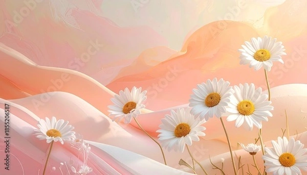 Fototapeta Peach And White Daisies On Abstract Background