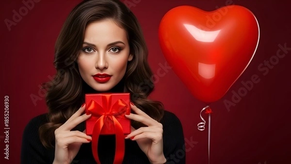 Obraz Red Gift Box in Female Hands Romantic Flat Composition