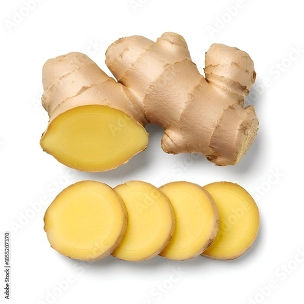 Obraz Fresh Ginger Root with Half and Round Slices Isolated