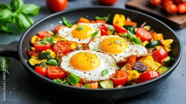 Obraz Breakfast Feast: A vibrant pan of delicious breakfast features perfectly cooked fried eggs, accompanied by a medley of fresh, colorful vegetables and aromatic herbs, a culinary experience.