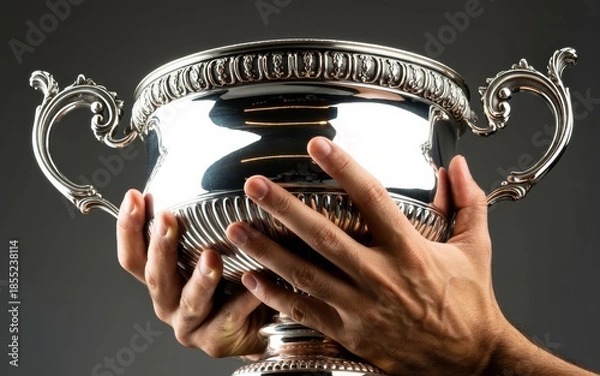 Obraz Person holding a large shiny silver trophy cup with ornate handles and decorative details