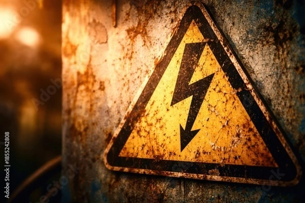 Obraz A warning sign with a lightning bolt and an arrow pointing down