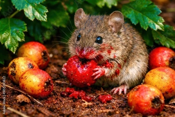 Obraz A small mouse is eating a red fruit