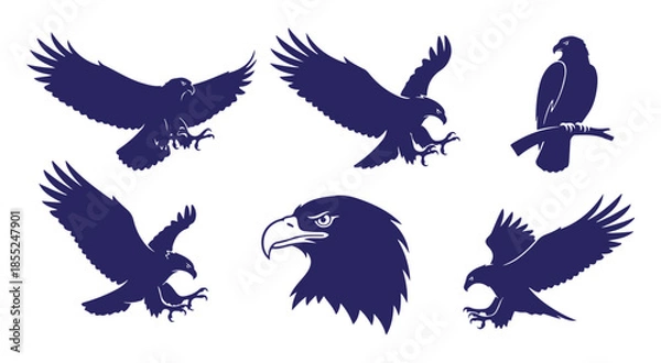 Obraz Eagle silhouettes set displaying flying, perched, and head profile views
